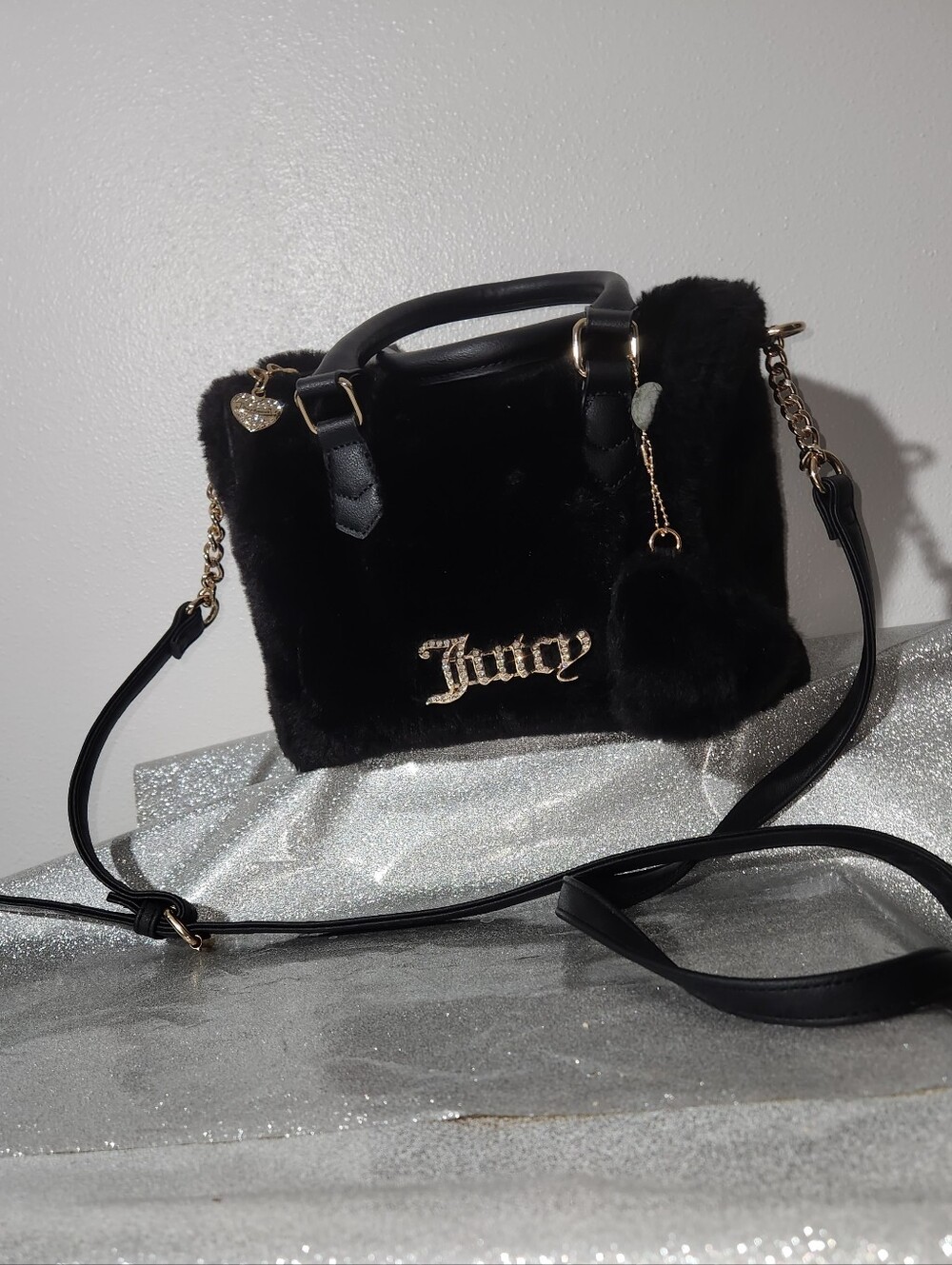 Juicy Couture Black Faux Fur Purse with Gold Logo